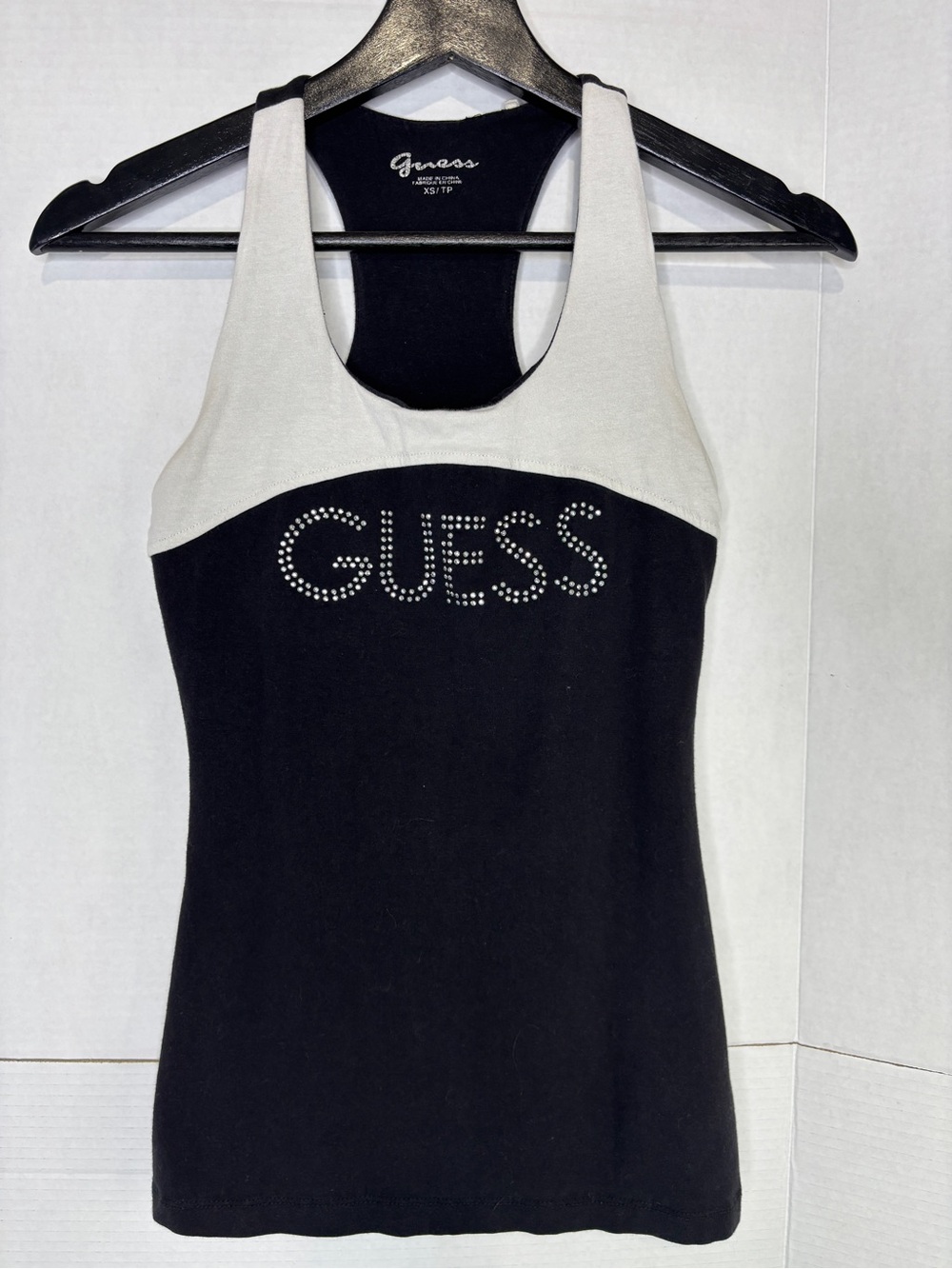 GUESS Women’s Black & White Rhinestone Logo Racerback Tank Top Built-in Bra